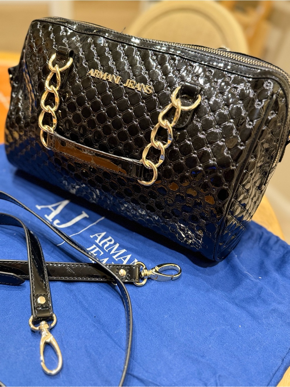 Armani Jeans Glossy Black Quilted Patent Shoulder Bag with Gold Chain purse
